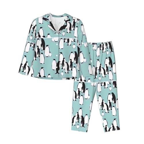 Pyjama imprimé pingouins mignons pour femme, idée cadeau manches longues