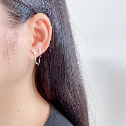 Cute Tiny Butterfly CZ Double Piercing Huggie Small Stud With Short Chain 925 Sterling Silver Cuff Wrap Earrings for Women Cartilage Two Holes Animal Dangle Drop Hypoallergenic3