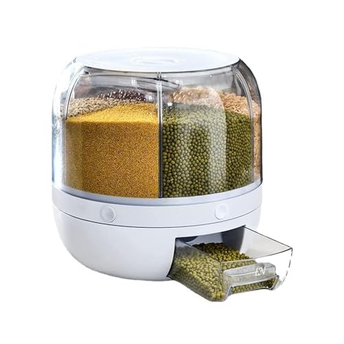 Taylor & Brown 6 Grid Rotating Food Dispenser - 360° Round Bucket Sealed Grain Container - Transparent Rice Kitchen Storage Containers - White Dry Food Fruit Storage Box for Home Kitchen Organiser