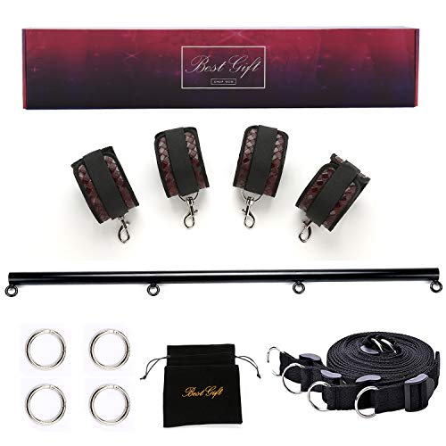 EXREIZST Black Spreader Bar with 4 Fur Leather Straps Nylon Belt Set (Leather 1)