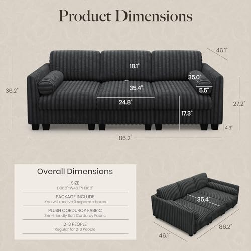 Image of Belffin Plush Corduory Sectional Sleeper Sofa with Wide Deep Seat Modular Sectional Cloud Couches for Living Room. Grey Couch