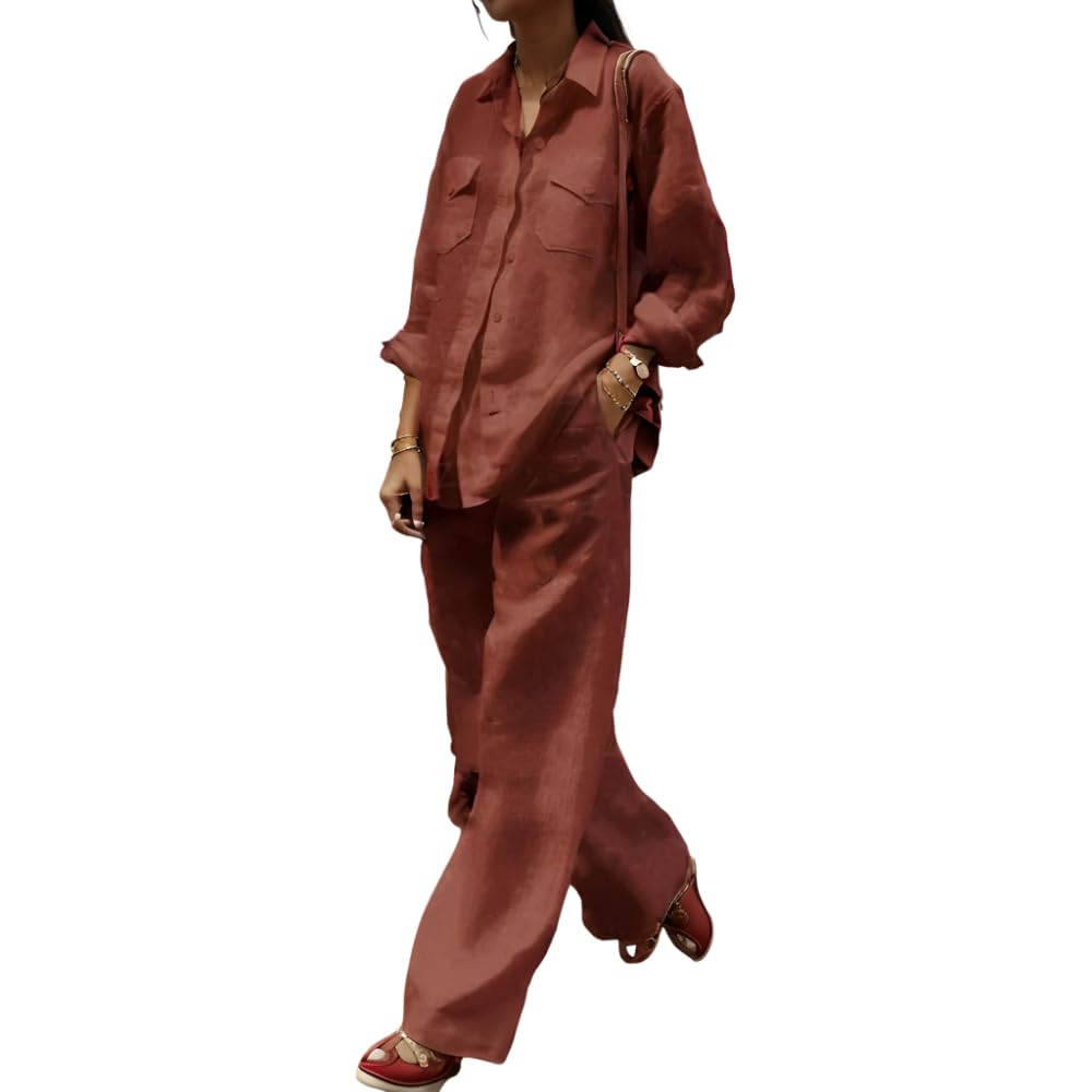 Nupucy Womens Cotton Linen 2 Piece Sets Button Down Long Sleeve Shirt Elastic Waist Wide Leg Trousers Loose Sets with Pockets