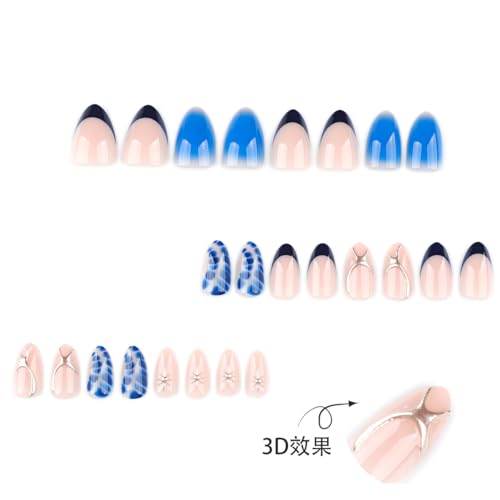 Image of Blue Press on Nails French Tip Fake Nails Short Almond False Nail with Alligator Print Design Blue Ombre Glue on NailsAcrylic Nail Full Cover Silver Star Stick on Nail for Women Manicure 24Pcs