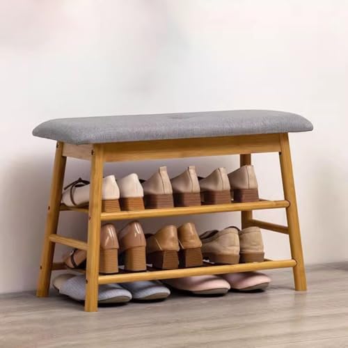 DODOBD Banco Zapatero con Asiento-Bambú,Banco Madera Recibidor,Banco Pie de Cama,Descalzadora con Asiento Tapizado Y Compartimentos de Almacenaje para Pasillo Sala de Estar Dormitorio