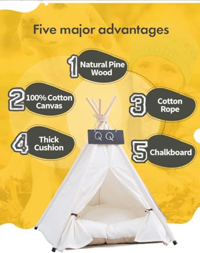 Sunnykud Tipi Zelt für Haustiere Hundezelt Katzenzelt Haustierzelte Häuser mit Kissen Abnehmbar und Waschbar Haustierbett Wegklappen Haustier Hundebett Katzenbett (L:60x60x70cm, weiß)