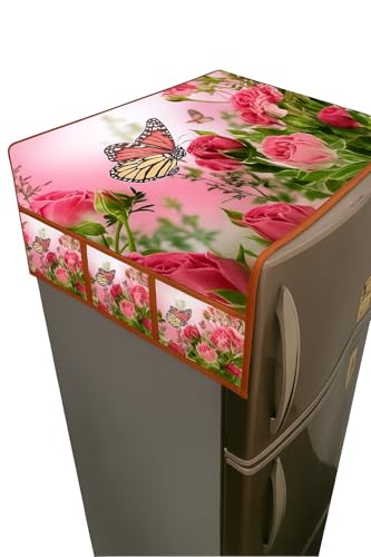 Image of STOREUP double Door or Single Door Fridge Cover | solid Print Fridge Cover With Side Pockets|Fridge Top Cover|Refrigerator Cover|Washable Cotton Material|6 Utility Pockets (pink butterfly)