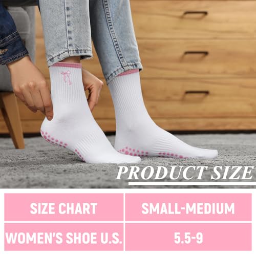Jeyiour 5 Pairs Coquette Pink Bow Pilates Socks with Grips for Women Cute Yoga Non Slip Grippy Crew Socks for Dance Gifts2