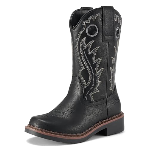 Rollda Boys Cowboy Boots Kids Western Boots Square Toe Girls Cowgirl Boots for Toddler/Little Kid/Big Kid Black Size 5
