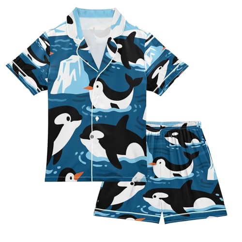 Satin Pajama Sets Short Sleeve Penguins in Water Button Down Silky Nightwear 2 Piece PJS 5-14Y