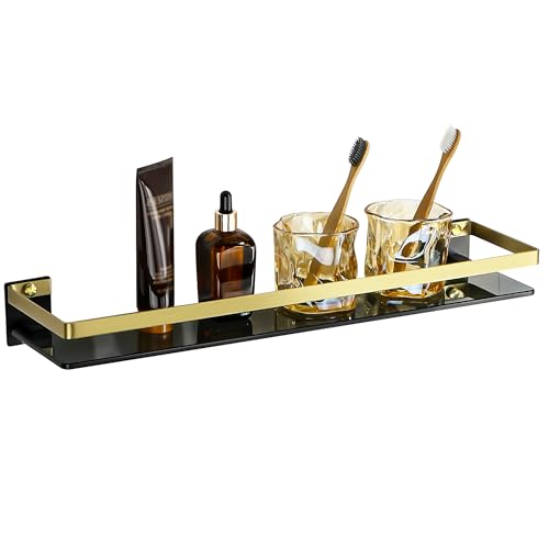 SAYAYO Bathroom Shelf Tempered Black Glass Shelf Wall Mounted 50CM Large Capacity with SUS304 Stainless Steel Gold Rail, Shower Storage Shelves