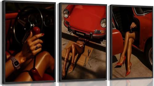 3Pcs Red Trendy Black Woman Canvas Wall Art Sexy African American Woman Painting Wall Decor Red Vintage Car Picture Print Artwork For bedroom living room and garage decoration 12x16in Unframed