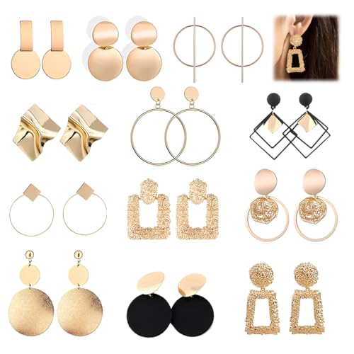 GXGM 12 Pares Pendientes Colgantes Para Mujer Niñas Grandes Pendientes Redondos Cuadrado Bola Geométricos Metal Conjunto Colgante de Moda, Regalos de joyería