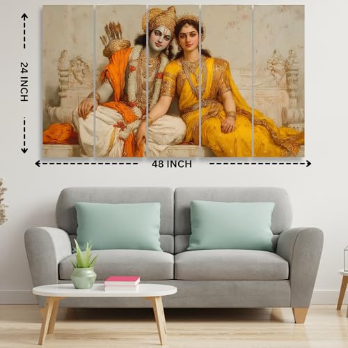 Image of Nozvera Radha Krishna Wall Painting for Living Room Big Size 48 x 24 Inch | 5 Panel Premium MDF Wall Art | UV Printed Sparkle Laminated Waterproof Wall Decor | Religious Home Decoration Items
