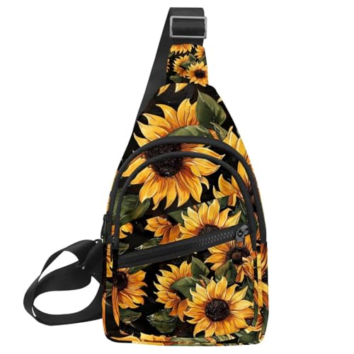 Mochila cruzada de girasoles negra bandolera deportiva para correr y viajar unisex
