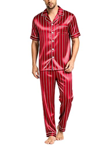 Image of SWOMOG Mens Satin Pajama Set Short Sleeve Classic Sleepwear Button Down Silky Loungewear with Long Pants