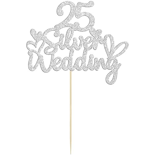 Gyufise 1Pcs 25th Wedding Anniversary Cake Toppers Silver Glitter 25th Wedding Anniversary Heart Cake Decoration for Celebration Party Supplies - Image 3