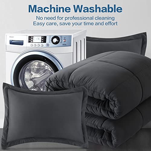 Bedhours Queen Comforter Set 3 Pcs Grey Bed Comforter Set All Seasons Down Alternative Comforter Lightweight Duvet Insert Comforter + 2 Pillow Shams Winter Warm Machine Washable Dark Grey Queen  #TOP5