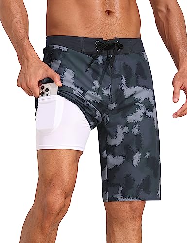 Nonwe Men's Swim Trunks with Compression Liner 2 in 1 Fast Dry Bathing Suits Cargo Surf Board Shorts with Pockets