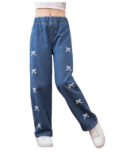 GORGLITTER Girl's Bow Baggy Jeans Pants Wide Leg Elastic Waist Straight Leg Denim Jeans Pants Joggers