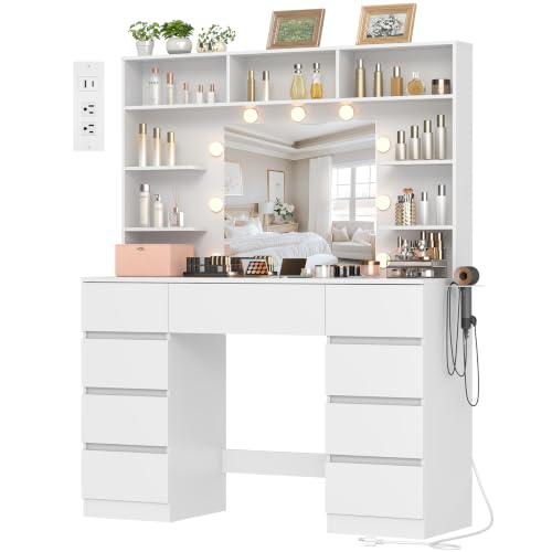 Image of Vanity Desk with Mirror and Lights,43 inch Makeup Vanity Table with 9 Drawers and 7 Storage Shelves, Power Outlet & Adjustable LED Lights, Dressing Table for Bedroom,White