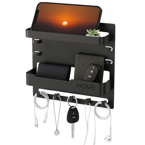 Adhesive Bedside Wall Shelf Organizer with 5 Hooks and Cable