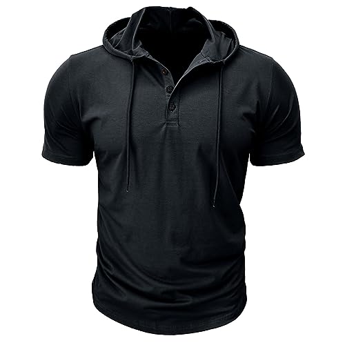 Men's Short Sleeve Hoodie Cotton Hooded T Shirts Lightweight Sweatshirt Hoodies Pullover Casual Fashion Button Sport Tee Tops