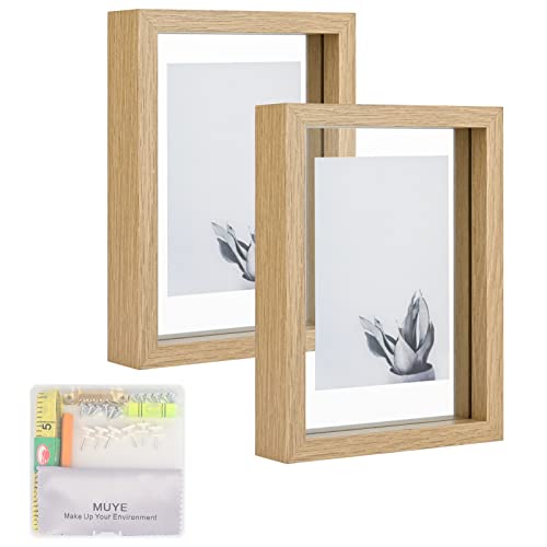 5×7 Floating Frame Set of 2,Double Glass Rustic Photo Frame for Wall Hanging or Tabletop Standing,Also Display 4×6 or 3×5 Photo for Floating Effect,Natural
