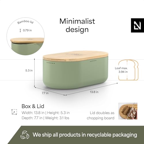 Image of LARS NYSOM Bread Box I Metal Box for long lasting freshness I Bread Bin with bamboo lid usable as cutting board I 13.8x7.7x5.3 In (Nordic Sage)