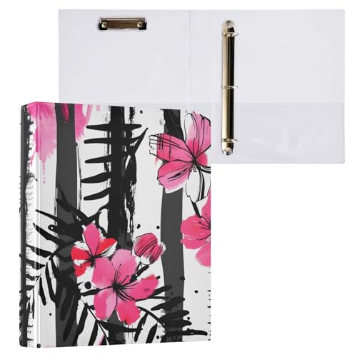 Image of 3 Ring Binder Stripes Black White Tropical Pink Flower 1.5 inch Binders Three Ring Binders with Clipboard Fit 8.5'' x 11'' Paper 3 Interior PVC Clear Pockets for Office Supplies
