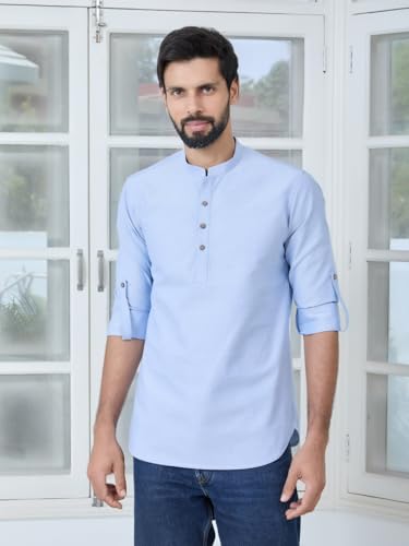 Image of See Designs Men's Roll-Up Sleeve Mandarin Collar Deluxe Cotton Solid Short Kurta (Pack of 2) - Festive Collection