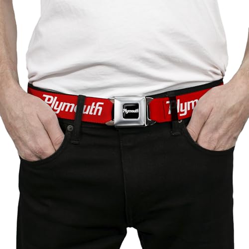 Buckle-Down Seatbelt Belt - PLYMOUTH Text Logo Red/White - 1.5" Wide - 24-38 Inches in Length3