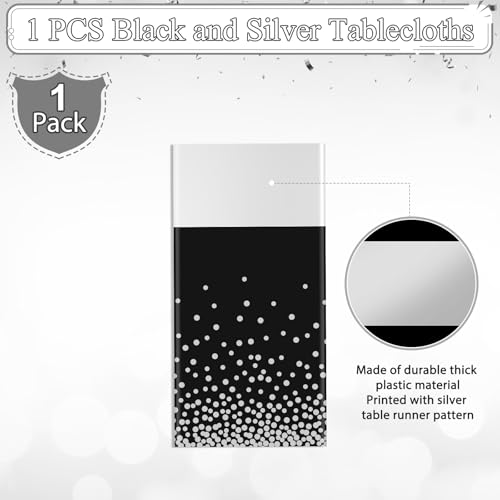 Image of 1Pcs Black Silver Tablecloth Party Decorations,Plastic Black Table Cloth Printed Silver Table Runner Disposable Rectangle Table Cover for Birthday Anniversary Wedding Graduation Party,54 x108 Inch