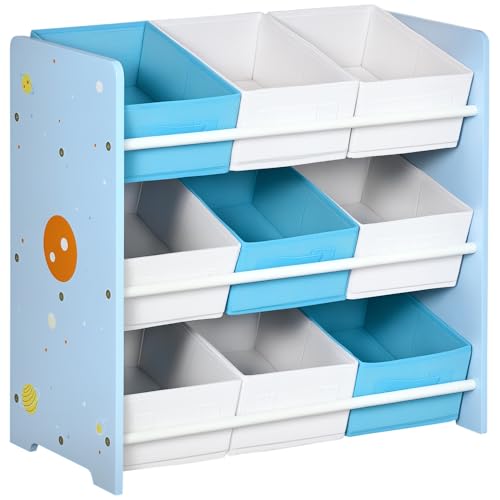 ZONEKIZ Mobile Contenitore per Bambini con 9 Cestini Rimovibili, Mobiletto Portagiochi in Legno MDF e Tessuto, 63x30x60 cm, Azzurro