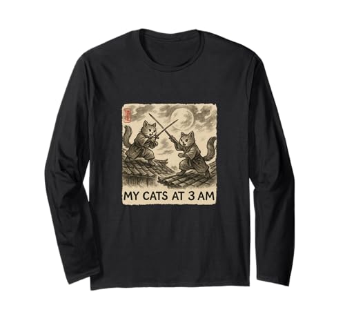 おもしろ墨絵 かわいい水墨画 日本人 私の猫 午前3時 長袖Tシャツ