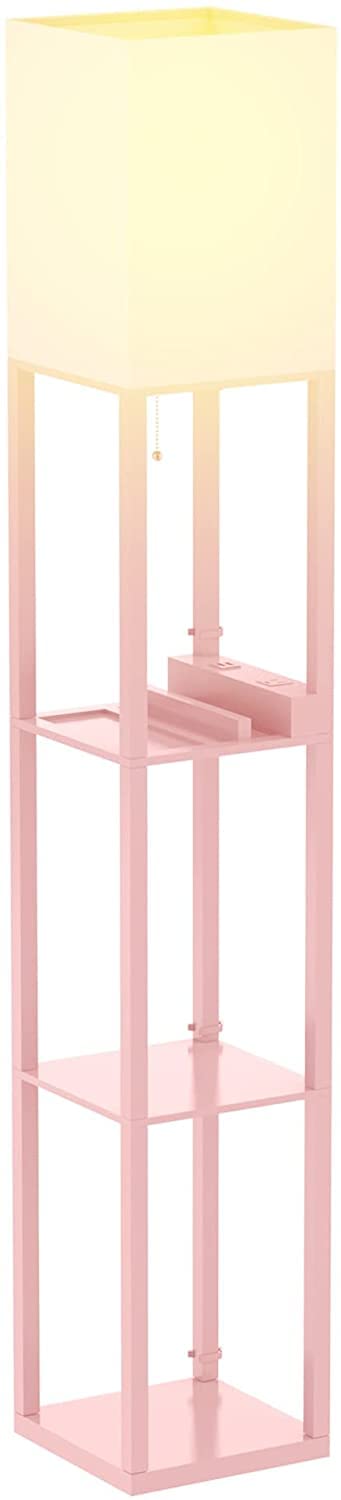 PAZZO Floor lamp with Shelves; Shelf Floor lamp by Solid Wood with 2 Charging Ports and Electric Out