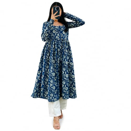 Image of Women's Cotton Nayra Cut Kurti for Women | Full Sleeves Printed Long Kurta | Stylish Flared Ethnic Wear Kurti, Casual & Festive Occasion