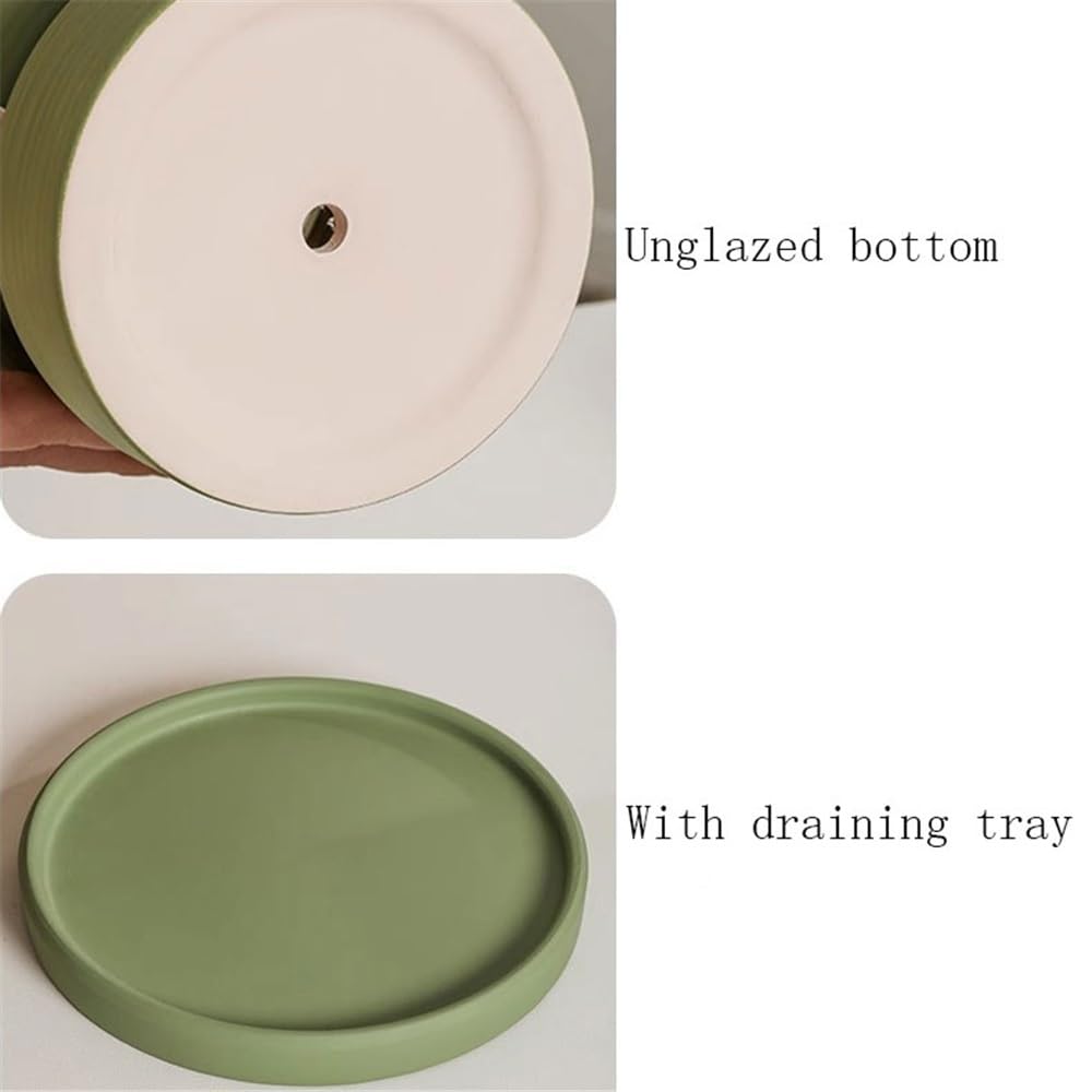 Doniczka na rośliny, zielona ceramiczna doniczka na kwiaty, okrągła donica z poziomymi paskami, ze spodkami, tacą i otworami drenażowymi, pojemnik na rośliny, na balkon, do salonu, kuchni