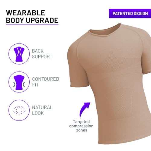 Rounderbum Men’s Compression Tech T-Shirt – Tan, X-Large – Seamless Compression Undershirt for Posture, Core Support & Slimming, Invisible Under Clothing, 4 Colors