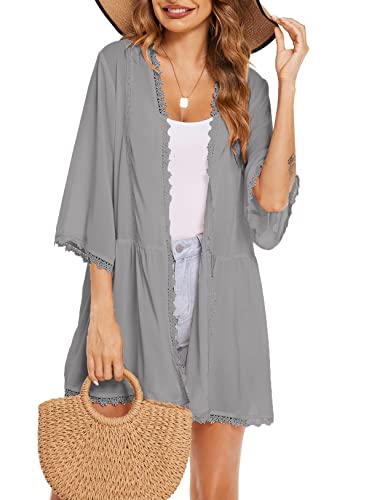 Elesol Womens Cardigan Summer Lace Swimsuit Coverup Open Front 3/4 Sleeve Plus Size Beach Kimono,Grey,Xl #TOP2
