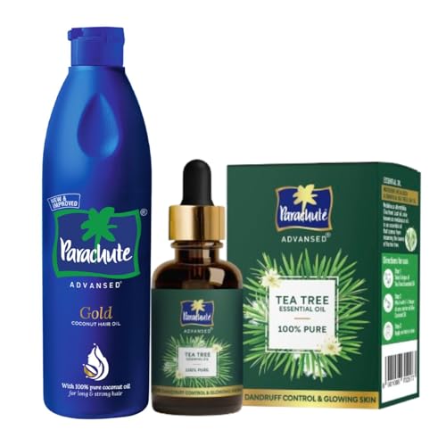 Image of Parachute Advansed Gold Coconut Hair Oil & 100% Pure Tea Tree Essential Oil for Dandruff Control & Glowing Skin | Moisturises dry hair, Controls Dandruff, Healthy & Clear looking Skin | 400ml + 14ml