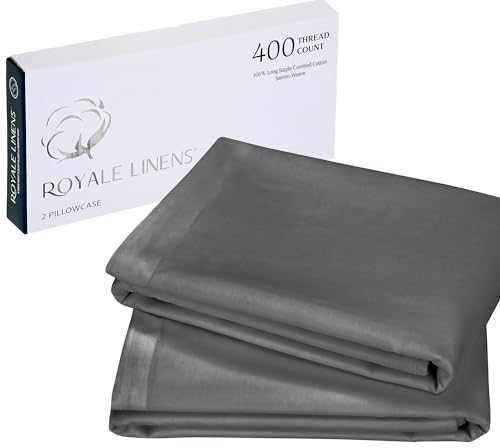 Image of Royale Linens 400 Thread Count 100% American Grown Cotton Queen Pillowcase Set - Luxury Sateen Queen Pillow case - 20 inchx30 inch Inch - Soft & Smooth Set of 2 Grey Pillowcases - (Queen, Spanish Slate)