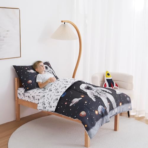 Image of lasoftan Toddler Bedding Set, 4 Piece Bed-in-a-Bag Toddler Bed Comforter Sets for Girls, Toddler Bed Set, Astronaut Printed, Machine Washable