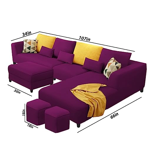 Image of Galib RHS 8 Seater L Shape Sofa Set with Ottoman & 2 Puffy for Living Room (Purple) Premium Fabric
