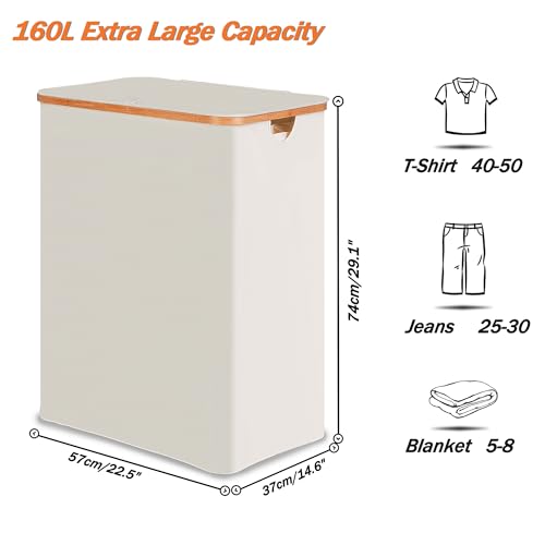 efluky Laundry Hamper 3 Section with lid and 3 Removable Bags, Beige - image 2