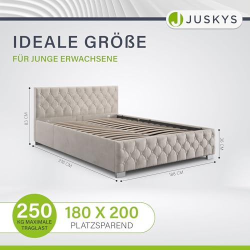 Juskys Polsterbett Nizza 180x200 cm Samt mit Stauraum, LED Beleuchtung & Lattenrost - Chesterfield Steppung & Kopfteil - Bett Bettgestell - Beige