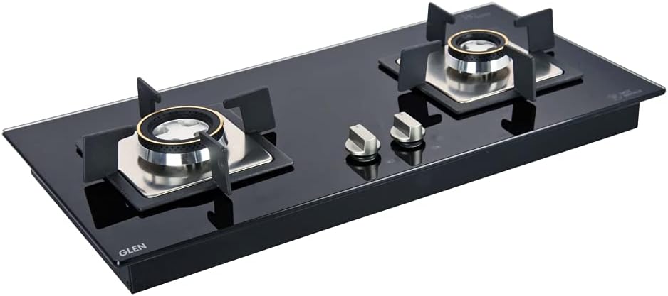 Glen 2 Burner Built in Glass HobTop with Double Ring Forged Brass Burners, Auto Ignition, Black (1022 SQ HT DB)