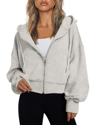 Image of Trendy Queen Womens Zip Up Hoodies Cropped Jackets Fall Outfits 2026 | lightweight comfort material, slouchy drop shoulder, casual travel winter clothes with pockets, airport workout athletic