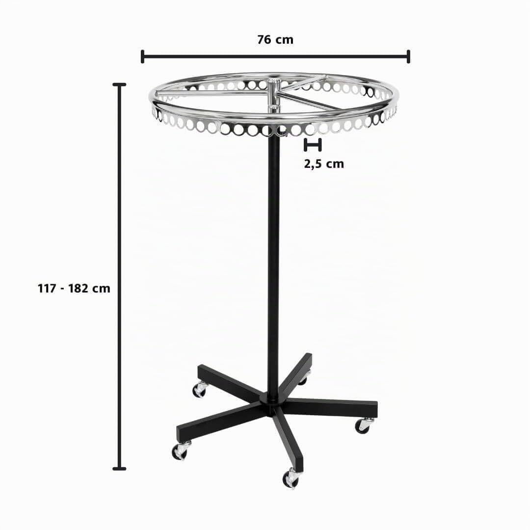goodsforbusiness GmbH Kleiderständer rund rollbar schwarz, höhenverstellbar 117–182 cm, Rundständer Ring 76 cm, Ringständer Gestell schwarz, Ring verchromt 77 Ringlöcher