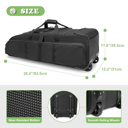 DSLEAF Rolling Baseball Bag with Wheels, Softball Catchers Bag for 4 Bats, Wheeled Baseball Equipment Bag with Separate Shoe Space and Multiple Pockets for All Softball Baseball Gear - Thumbnail 6