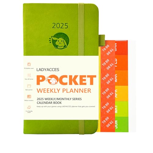 LADYACCES Taschenkalender 2025 [Jan.2025-Dez.2025 - Kleine Größe 16,5 x 9 cm] - Kalender 2025 Klein mit PU Leder Hardcover - A6 Planer 1 Woche 2 Seiten mit Innentasche - Grün EUWMA6